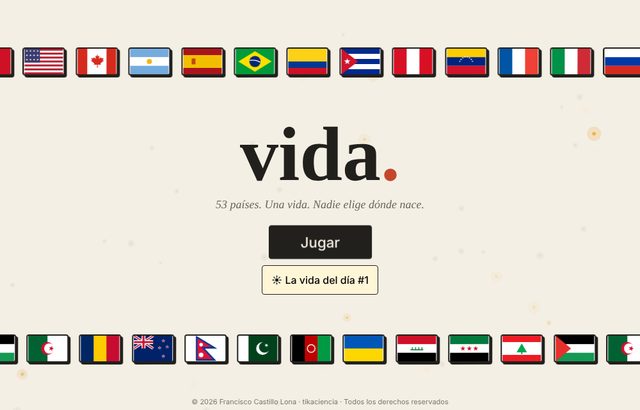 Pantalla de inicio de Vida con banderas de países